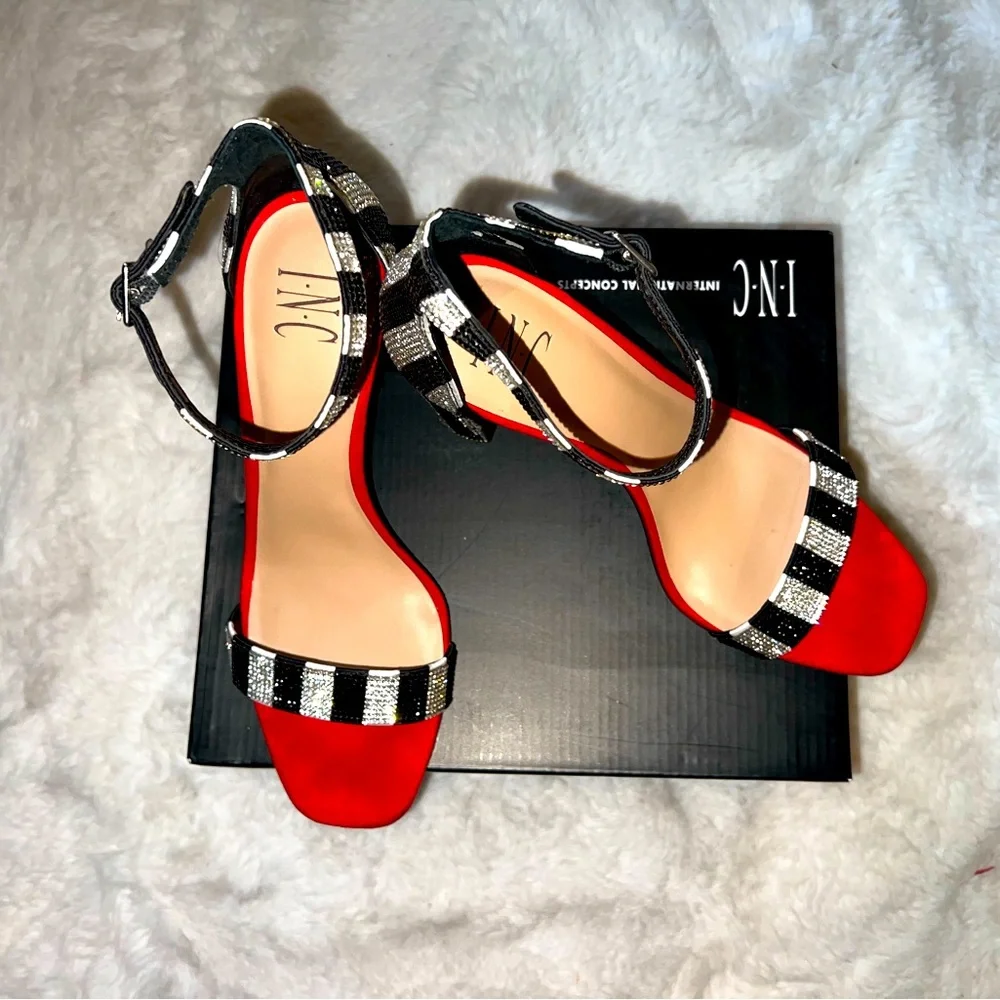 INC International Concepts Red and Black Strappy Heeled Sandals - Picture 1 of 6